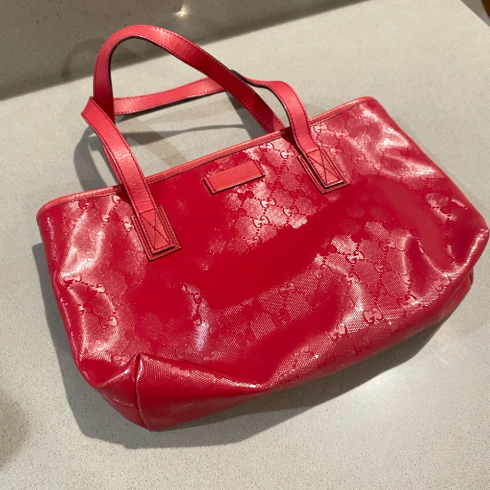 Authentic Gucci GG Supreme PVC Tote Shoulder Bag Pink Red
